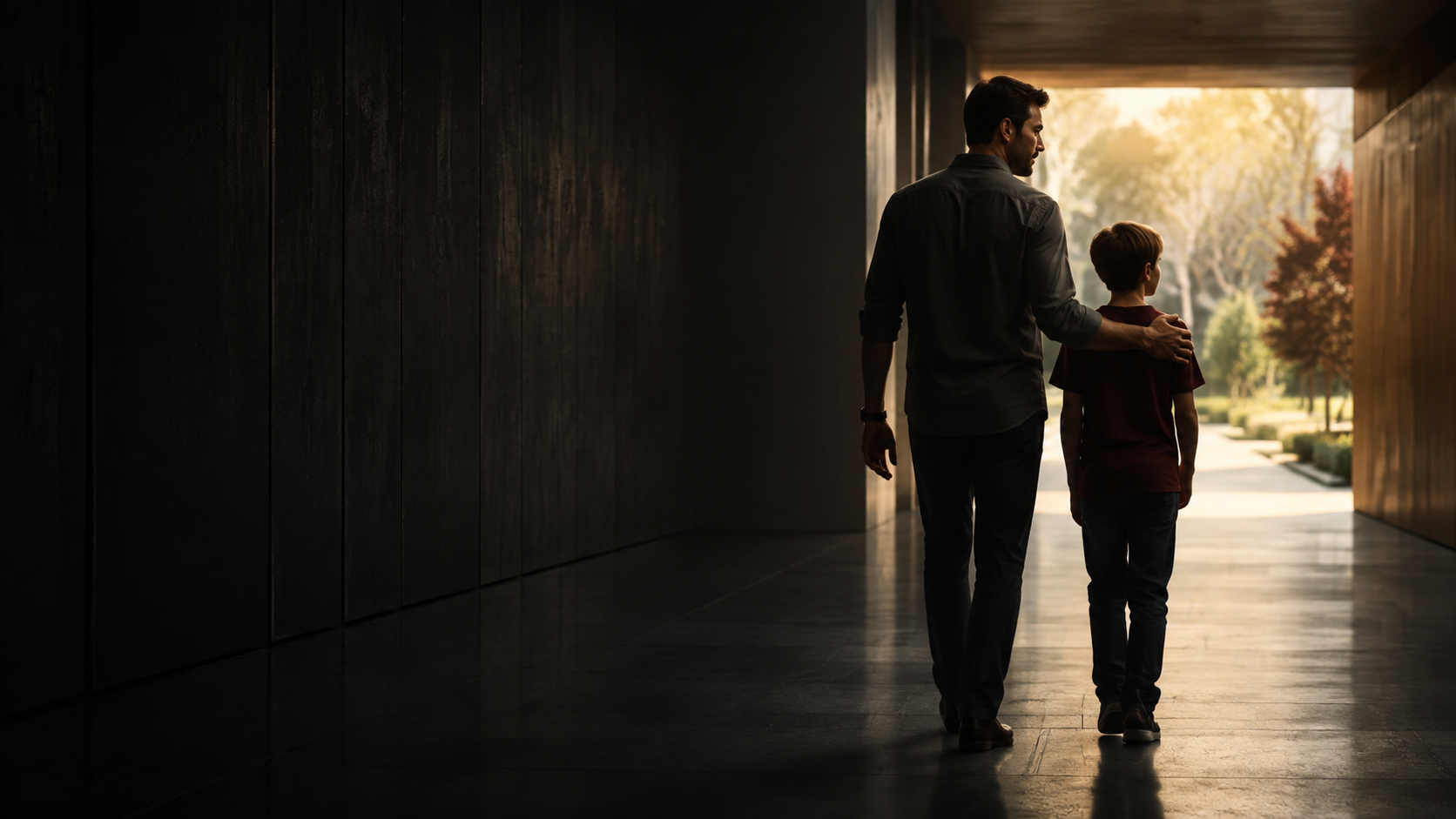 Pai e filho caminhando juntos em direção à luz